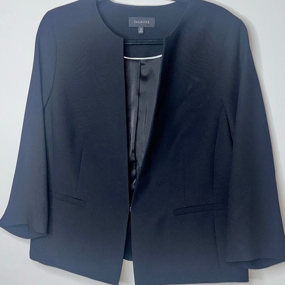 Talbots Womens Size 14 Black Ruffle Back Casual Business Long Sleeve Blazer